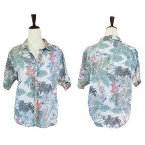 C&C CALIFORNIA Tropical Print 100% Linen Shirt Small Button Front Summer Womens